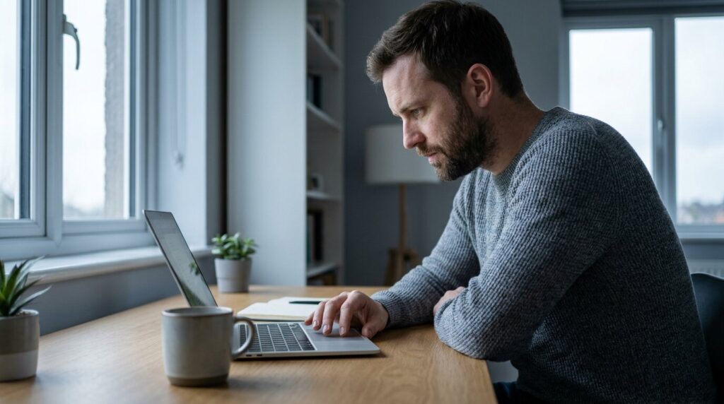 UK freelancer working on laptop at home office desk