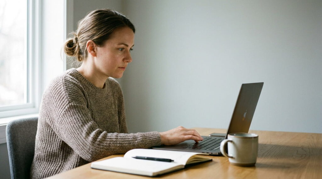 Freelancer working on laptop at home office desk