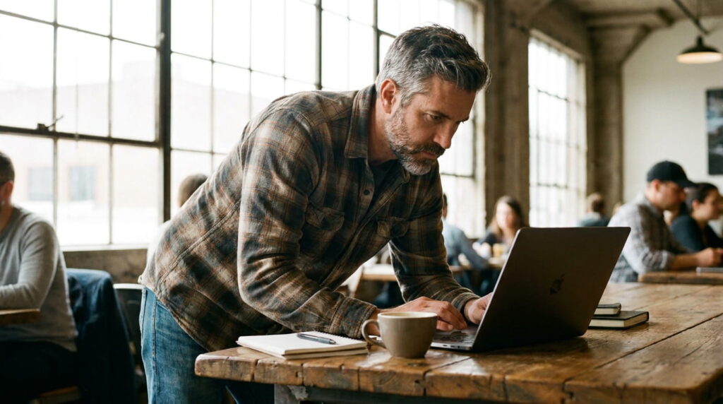 Freelancer working on laptop in coffee shop