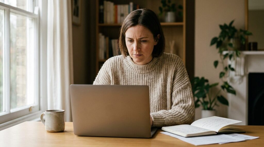give me the alt text8:31 PMClaude responded: Woman working at a home office desk with a laptop, notebook and papers — UK freelance tax guide 2026/27Woman working at a home office desk with a laptop, notebook and papers