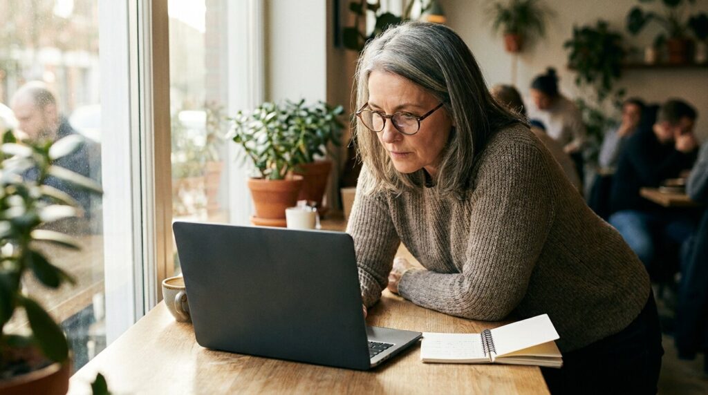 Freelancer researching LLC vs S-Corp options on laptop in coffee shop