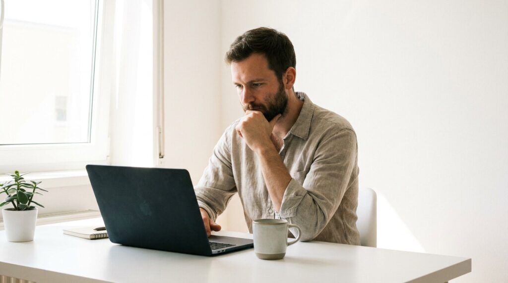 reelancer reviewing self-employment tax on laptop at home desk