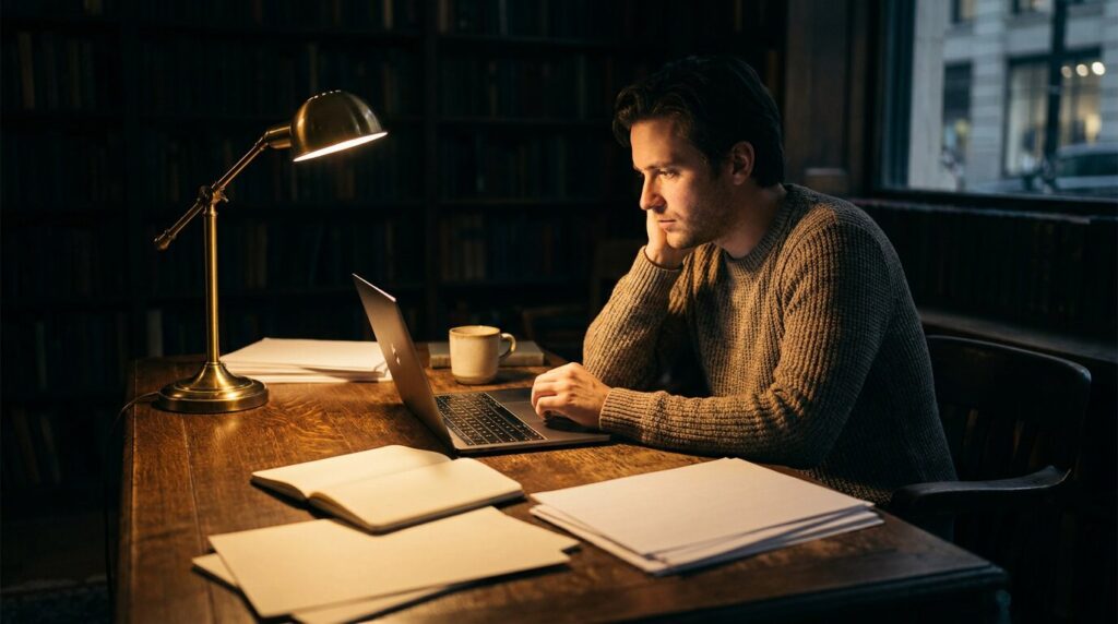 Freelance copywriter working at desk at night calculating rates