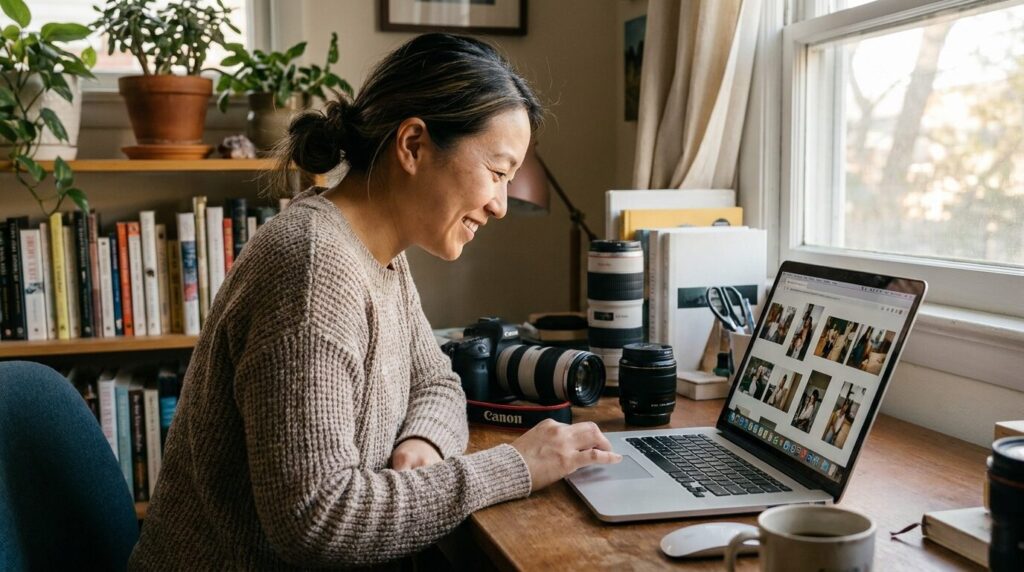 Freelance photographer reviewing images on laptop in home office with Canon camera and lenses on desk