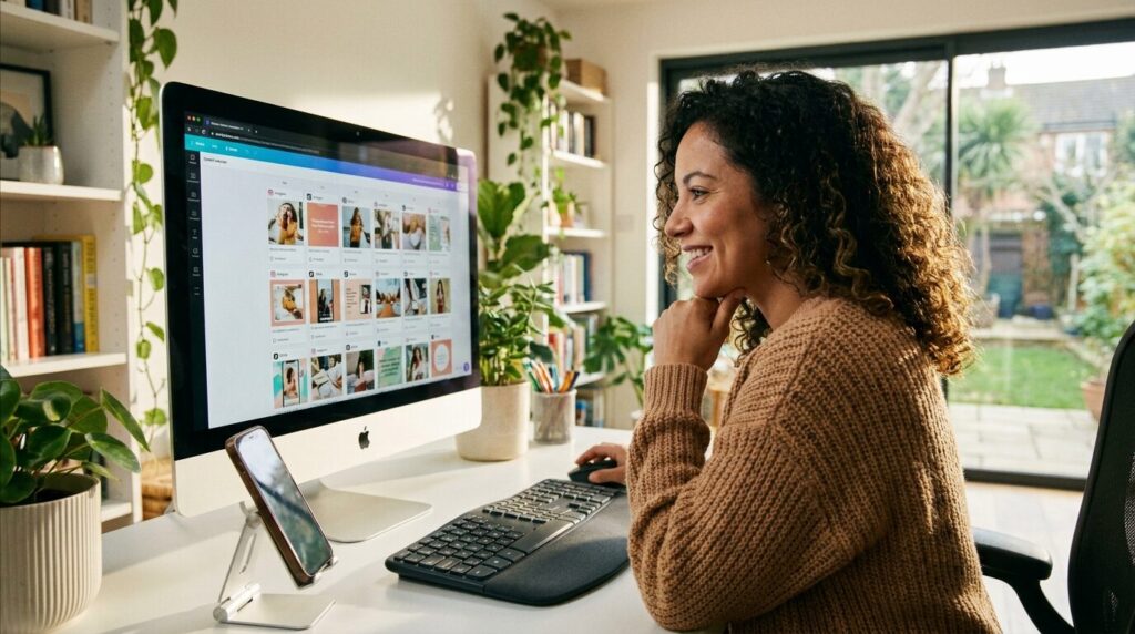 Freelance social media manager reviewing content calendar at home office desk
