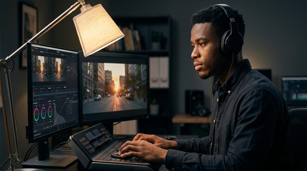 Freelance video editor color grading footage at a professional editing workstation