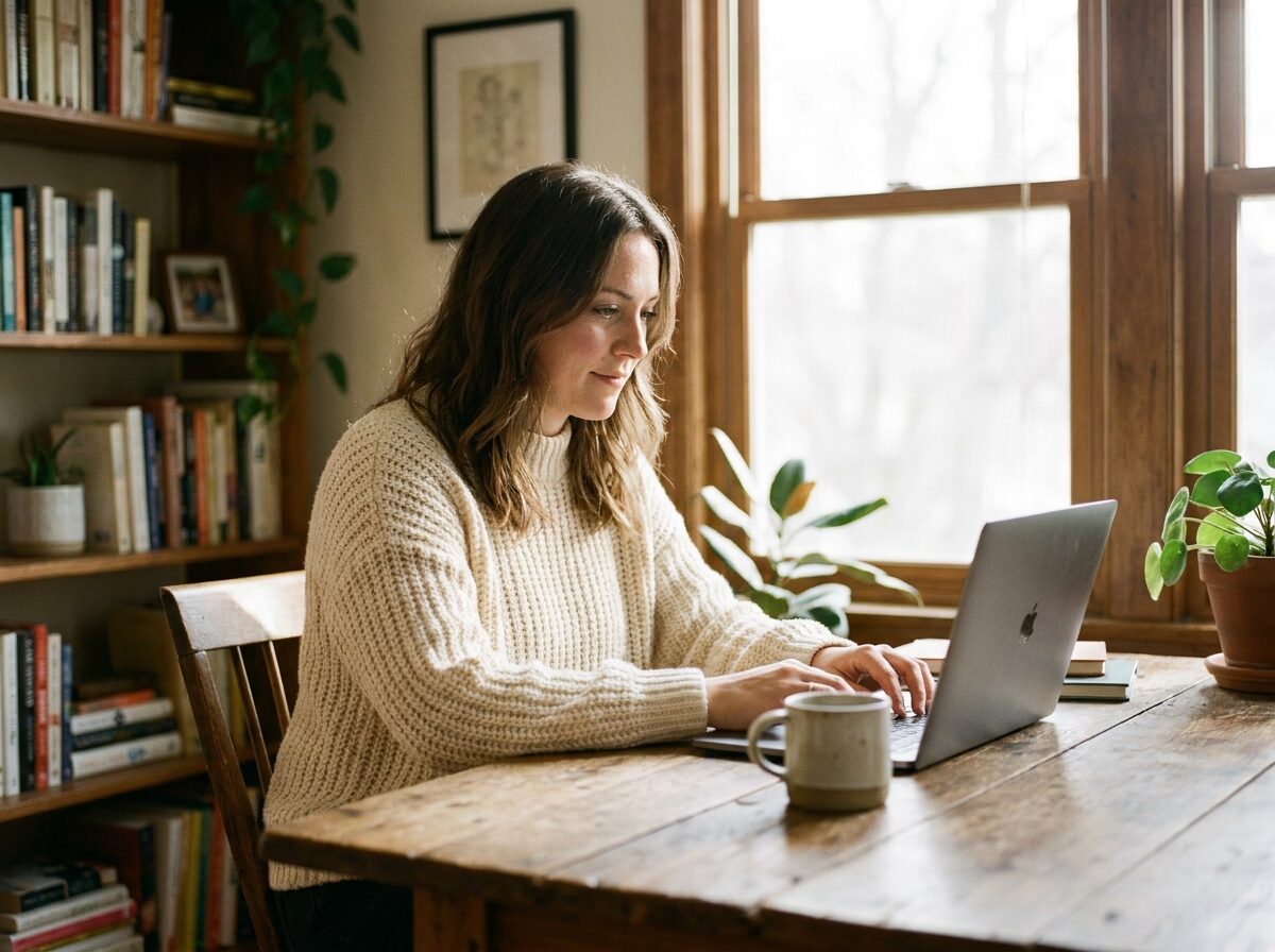Freelancer working at laptop in home office